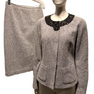 Lafayette 148 Set Embellished Snap Jacket Skirt Metallic Silver Tweed Sz 6 Party